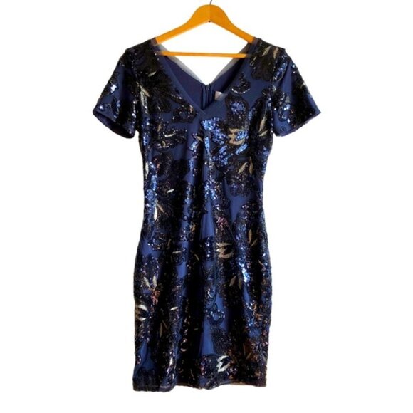 Badgley Mischka Sequin Dress Size 2 Blue Floral - Picture 2 of 15